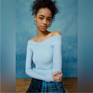 BDG Shannon Slinky V-Neck Long Sleeve Tee Light Blue Medium Urban Outfitters